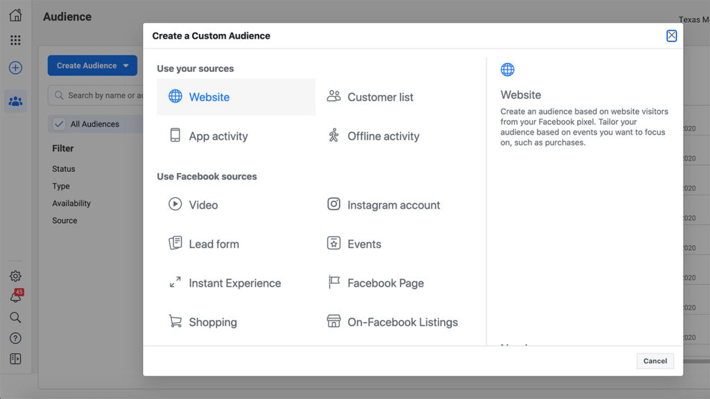 Create Facebook custom retargeting audience